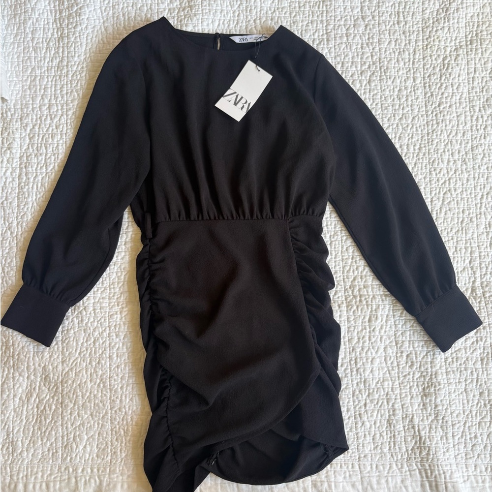 Zara Black Textured Long Sleeve Mini Dress